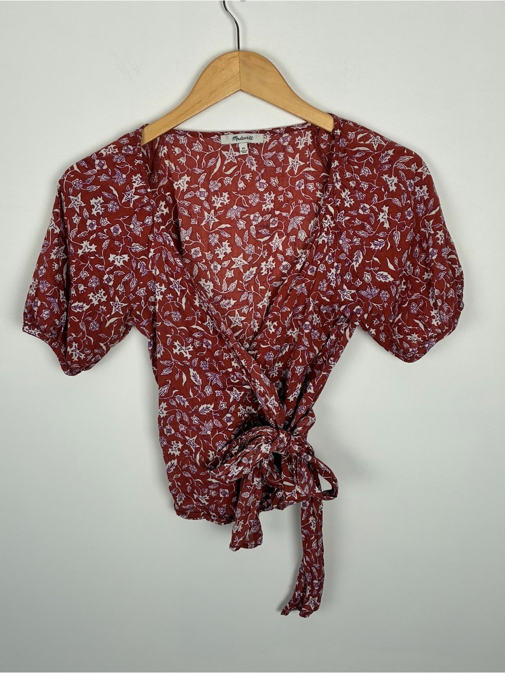 Madewell Puff-Sleeve Wrap Crop Top in Batik Vine Floral Autumn Cottagecore XS